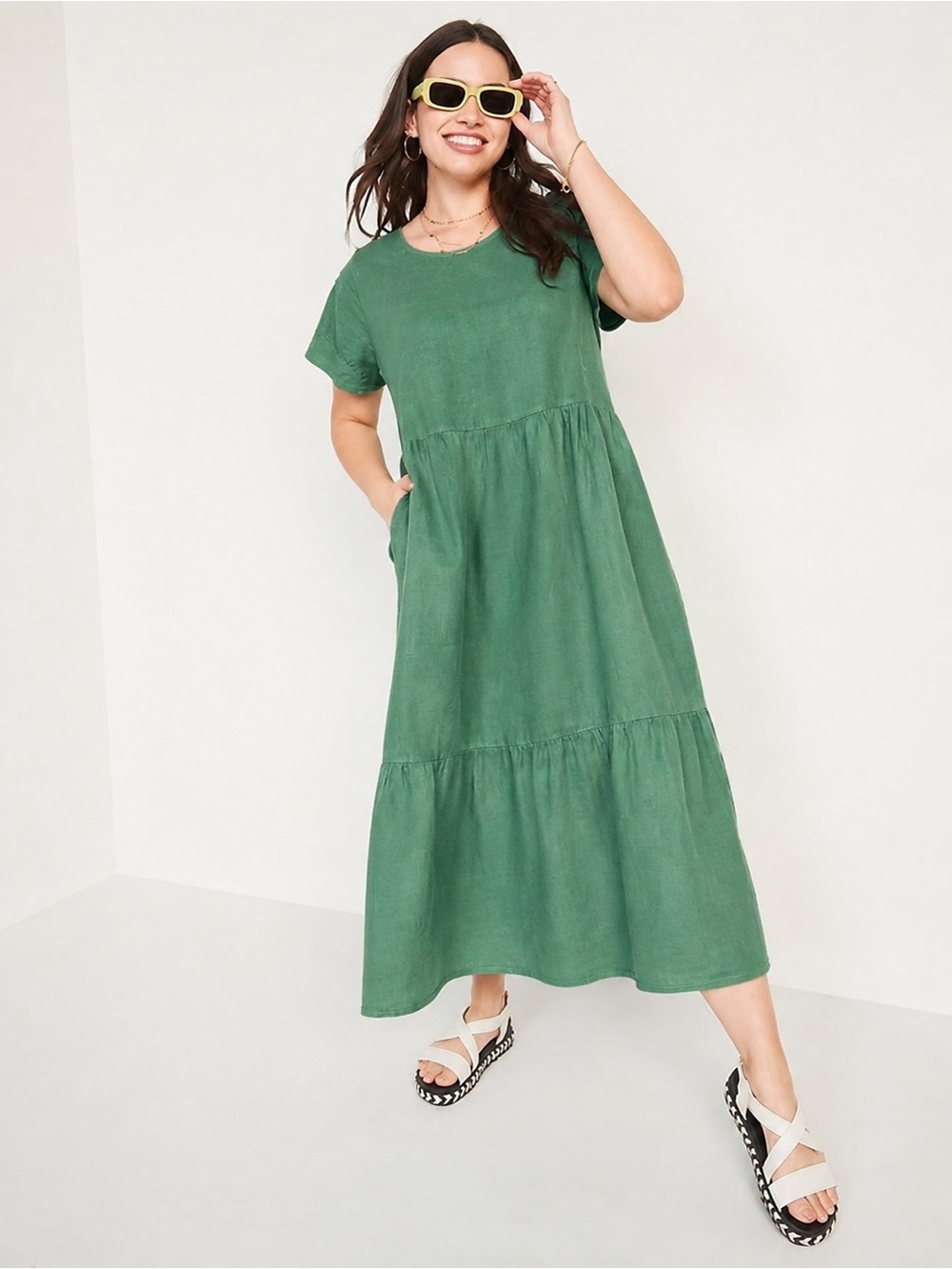 VALENTINA NALDI | Linen Made in Italy Green Tiered Max Dress